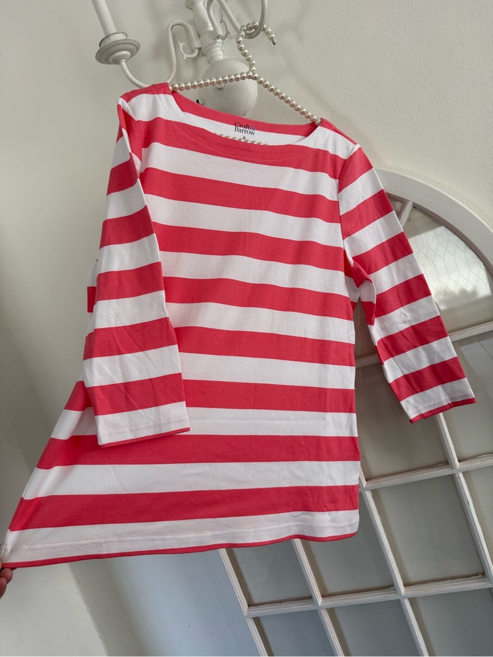 Barrow Coral/Pink  & White Striped Boatneck Top Medium 3/4 Sleeve Preppy Cotton